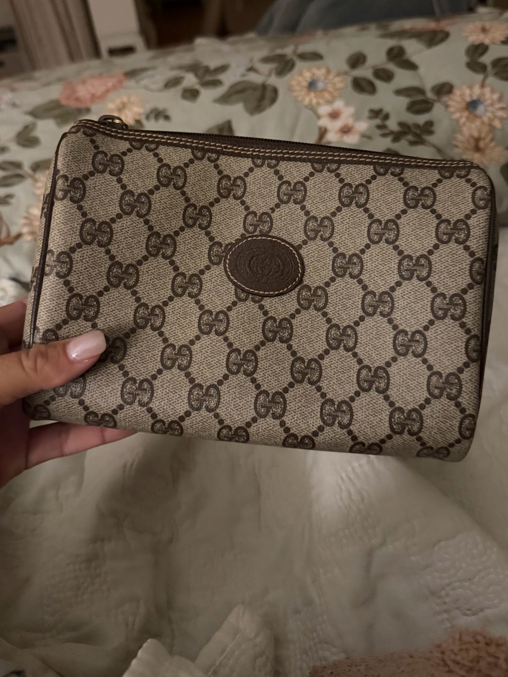 Gucci Beige Monogram Zip Pouch with Brown Trim